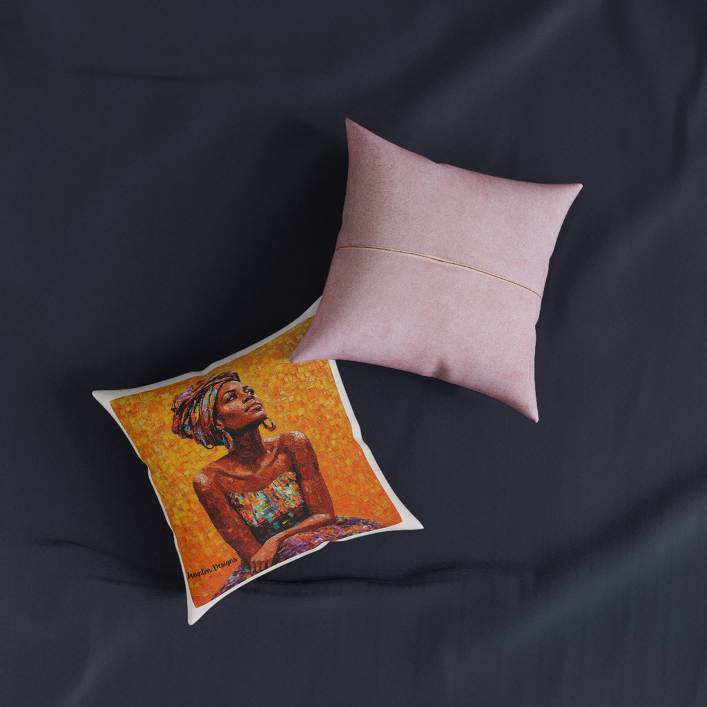 Afrocentric Art Square Pillow — Colorful Woman Portrait, Pink Back Decorative Cushion