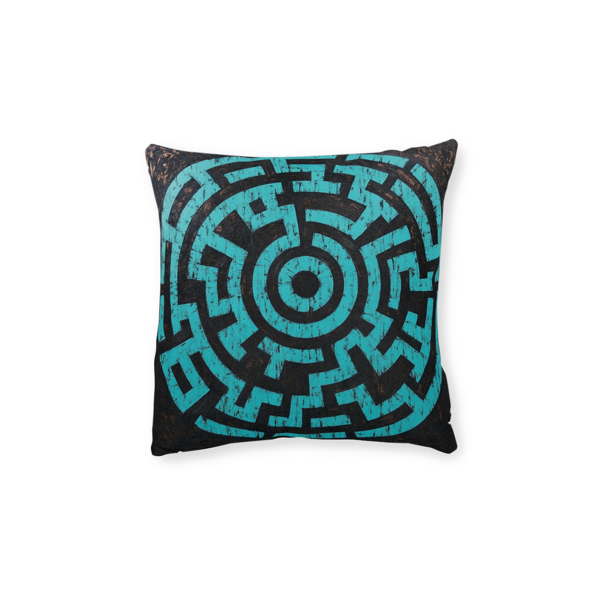 Turquoise Geometric Maze Throw Pillow — Modern Boho Square Cushion