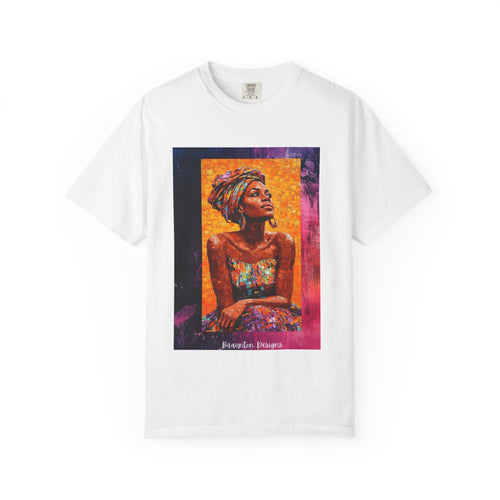 Afrocentric Portrait Art T-Shirt — Vibrant Woman in Headwrap Graphic Tee