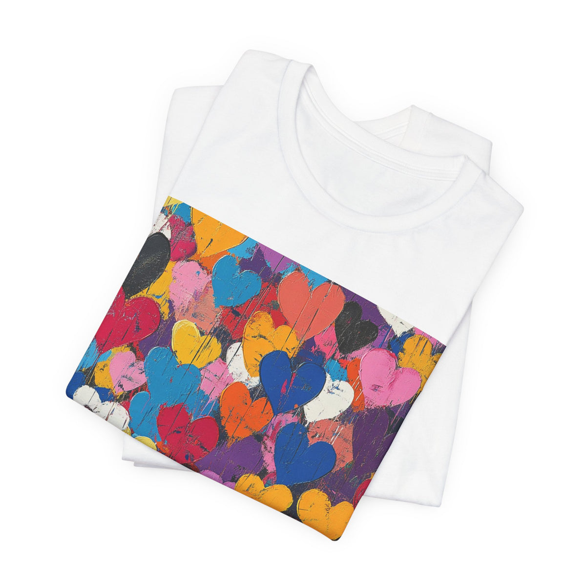 Women’s Heart Pattern Tee – Colorful Abstract Love Graphic T‑Shirt. Lightweight Fabric