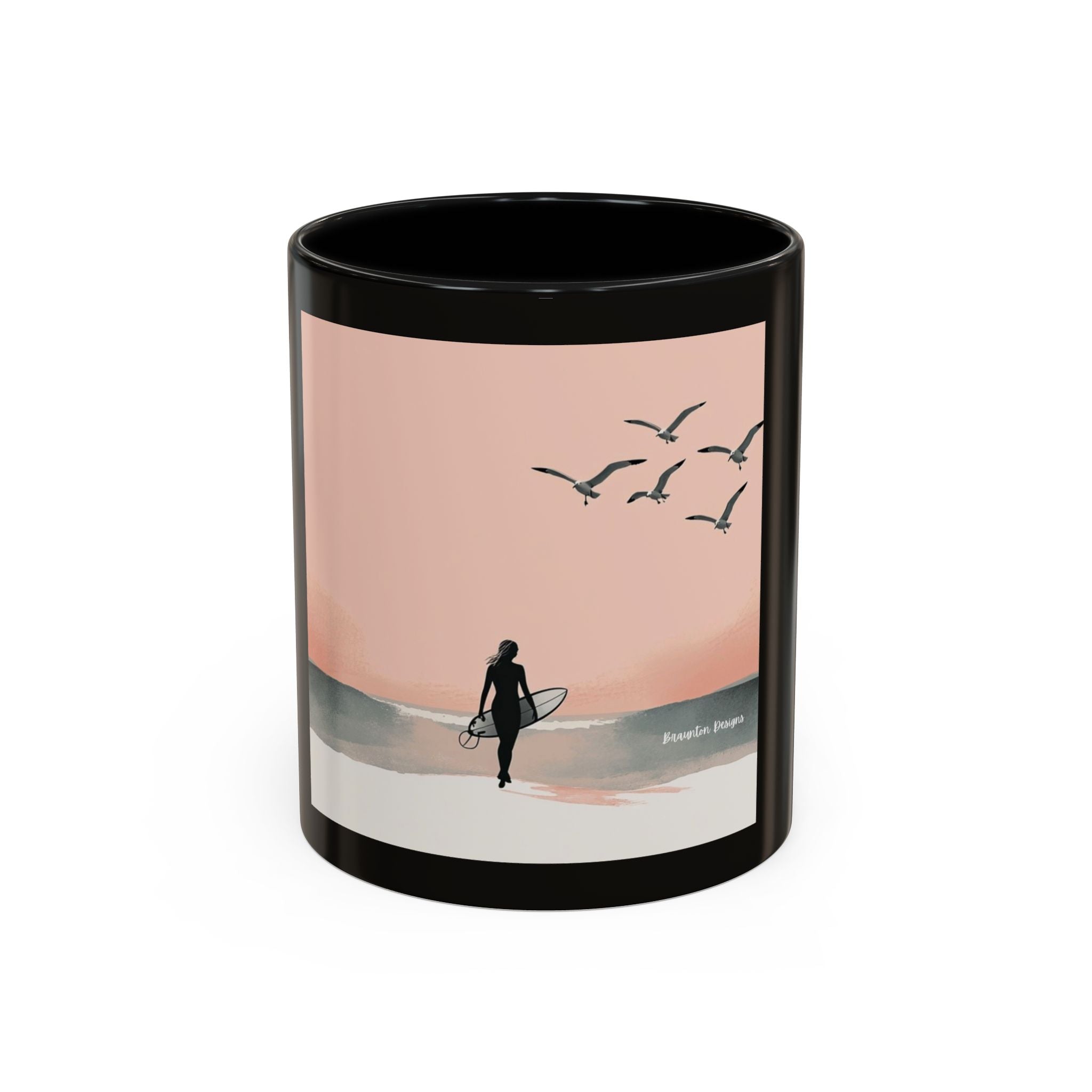 Surf Sunset Accent Coffee Mug — Beach Surfer Silhouette with Seagulls (11/15 oz)