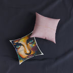 Colorful Portrait Throw Pillow — Abstract Woman Art on Pink Back