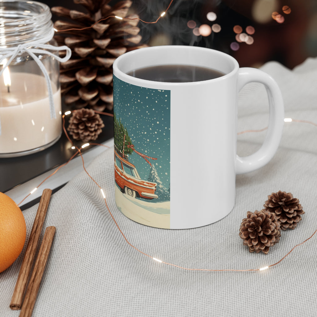 Vintage Station Wagon with Christmas Tree Mug | Holiday Snow Scene