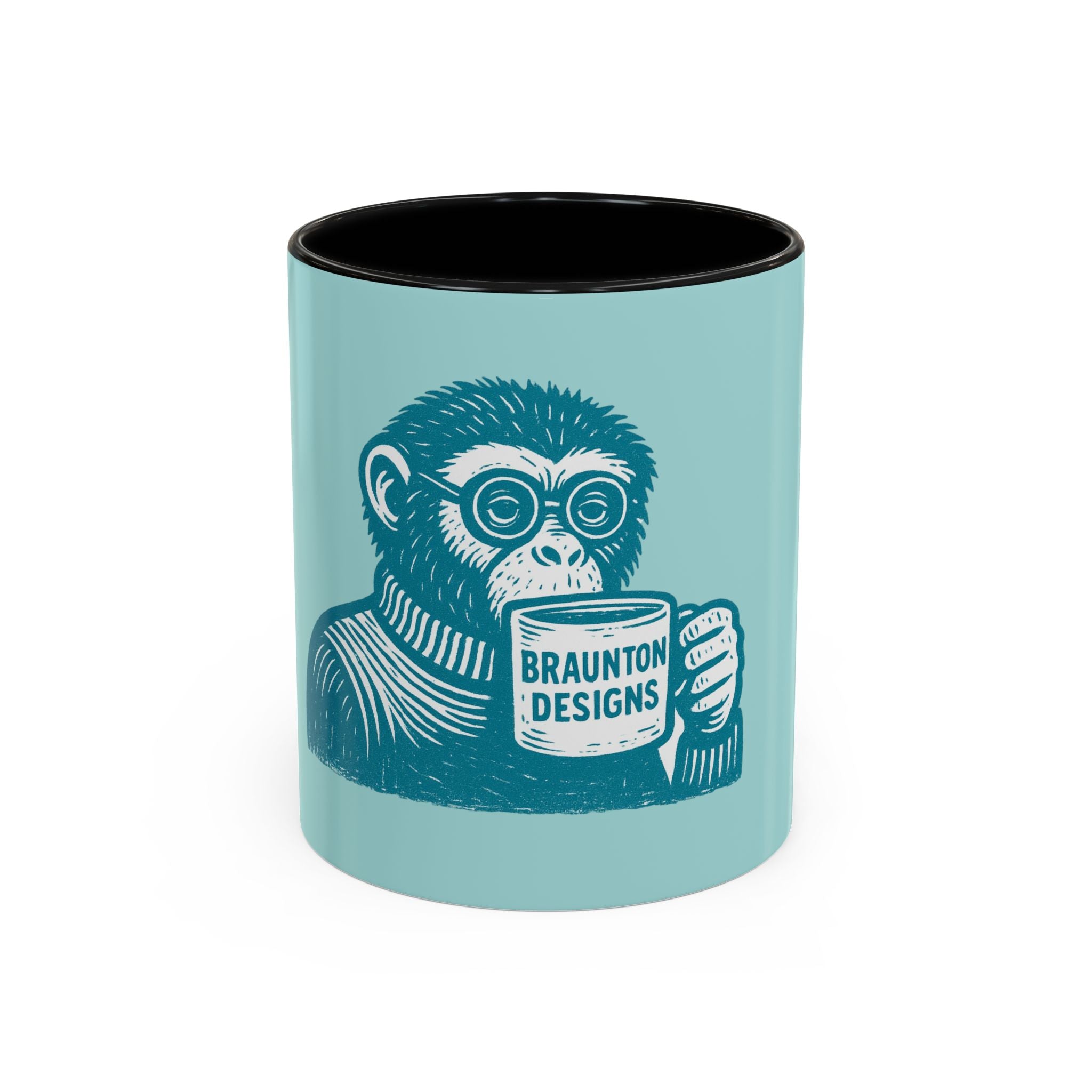 Retro Monkey Coffee Mug — Cute Chimp with 'Braunton Designs' Cup | Fun Gift for Coffee Lovers