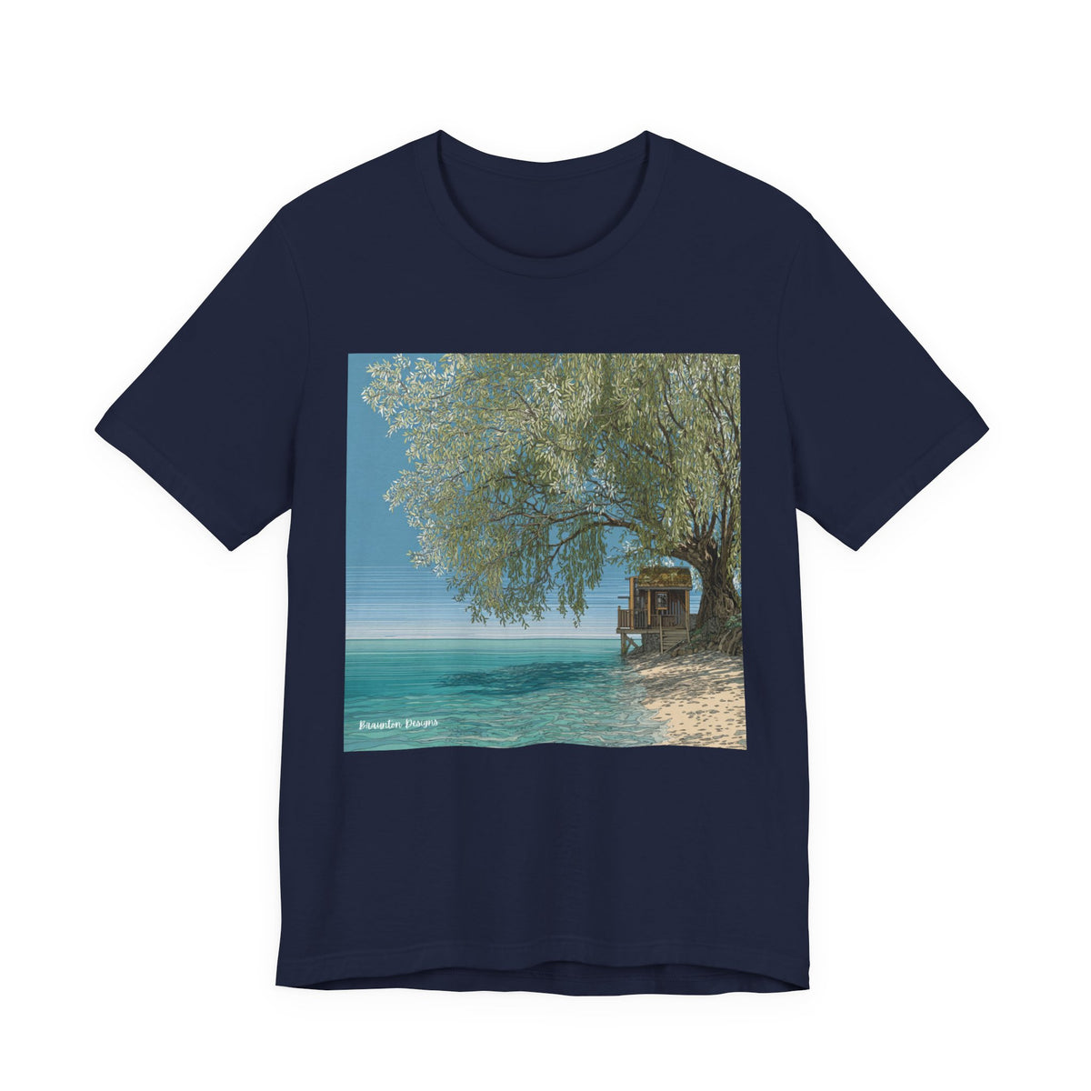 Tropical Beach Scene T-Shirt — Serene Seaside Cabin Graphic — Lightweight Fabric