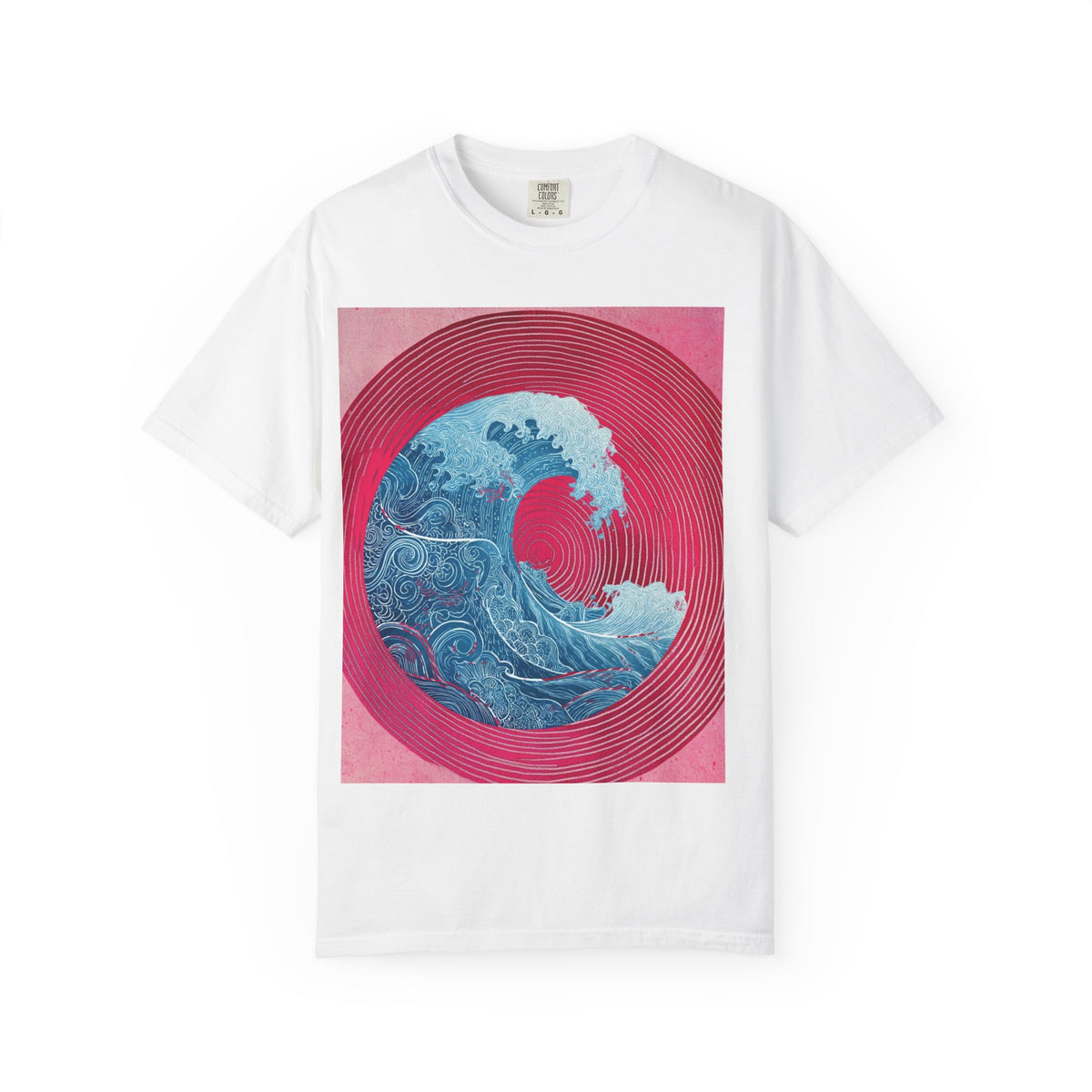 Women's Graphic Tee — Retro Pink & Blue Wave Art Shirt. Heavyweight Fabric