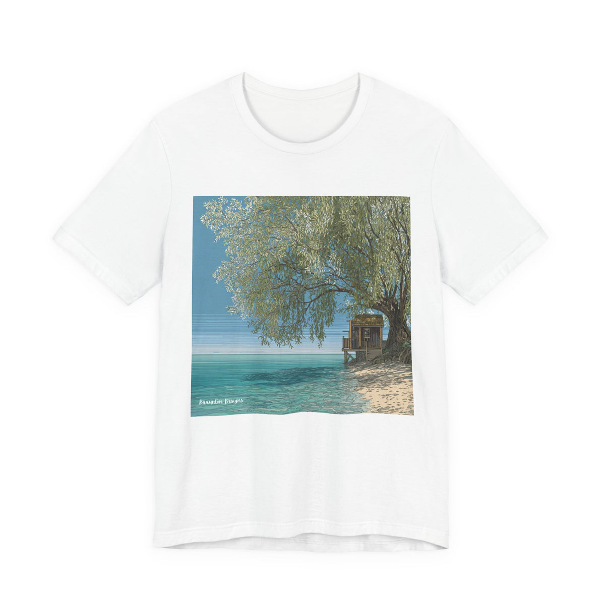 Tropical Beach Scene T-Shirt — Serene Seaside Cabin Graphic — Lightweight Fabric