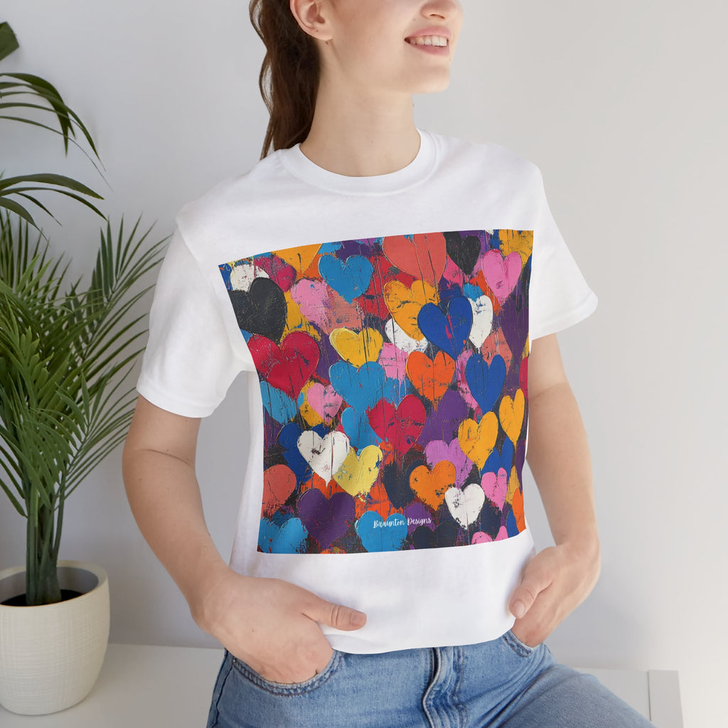 Women’s Heart Pattern Tee – Colorful Abstract Love Graphic T‑Shirt. Lightweight Fabric