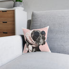 Fashionable Dog Square Pillow – Vintage Pup in Scarf & Sunglasses, Pink Accent Throw Pillow