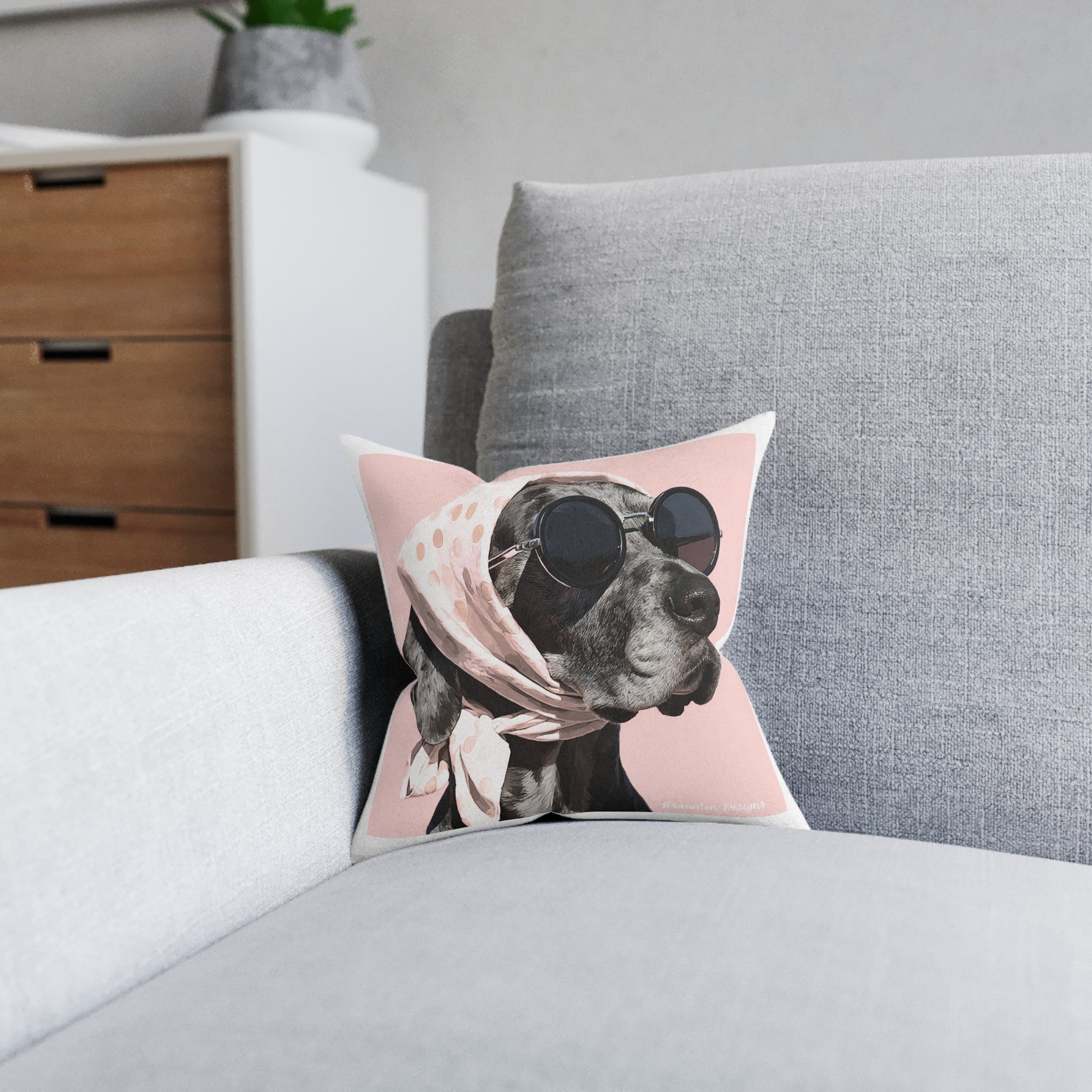 Fashionable Dog Square Pillow – Vintage Pup in Scarf & Sunglasses, Pink Accent Throw Pillow