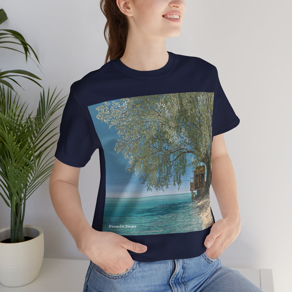 Tropical Beach Scene T-Shirt — Serene Seaside Cabin Graphic — Lightweight Fabric