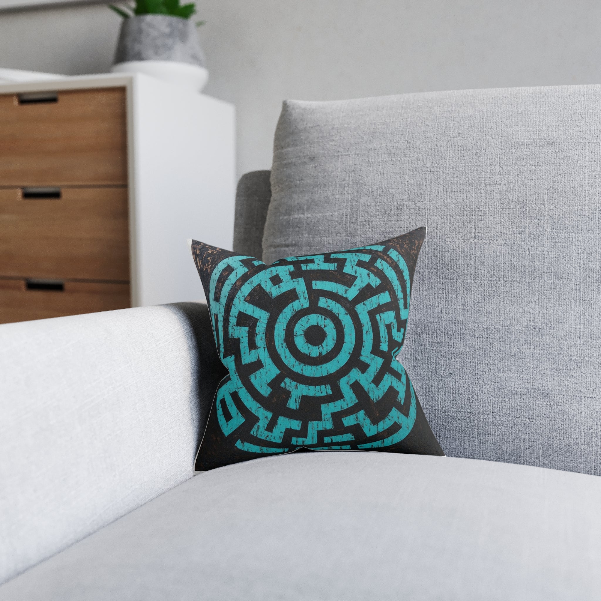 Turquoise Geometric Maze Throw Pillow — Modern Boho Square Cushion