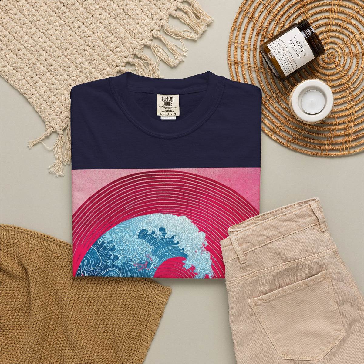 Women's Graphic Tee — Retro Pink & Blue Wave Art Shirt. Heavyweight Fabric