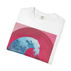 Women's Graphic Tee — Retro Pink & Blue Wave Art Shirt. Heavyweight Fabric
