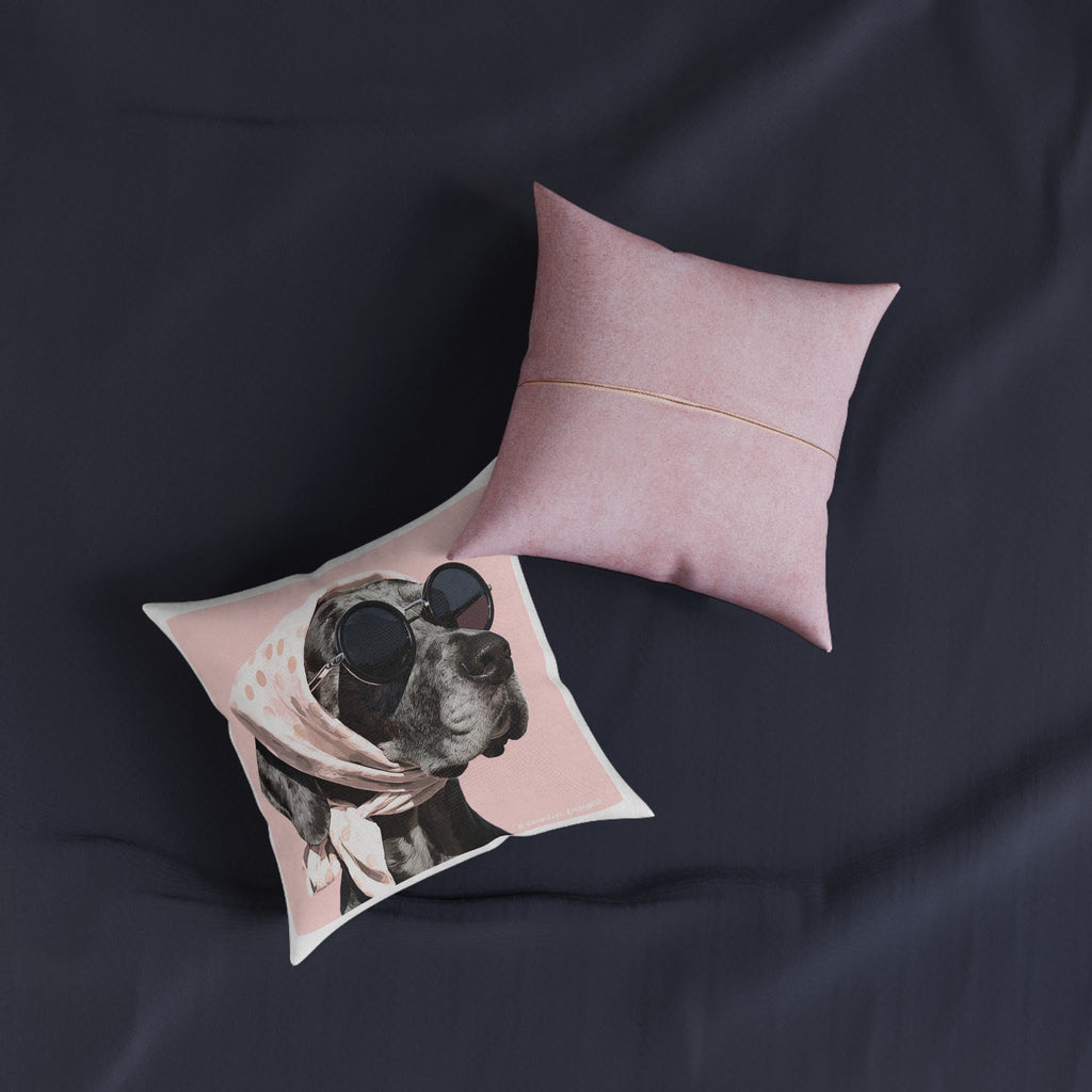 Fashionable Dog Square Pillow – Vintage Pup in Scarf & Sunglasses, Pink Accent Throw Pillow