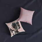 Fashionable Dog Square Pillow – Vintage Pup in Scarf & Sunglasses, Pink Accent Throw Pillow