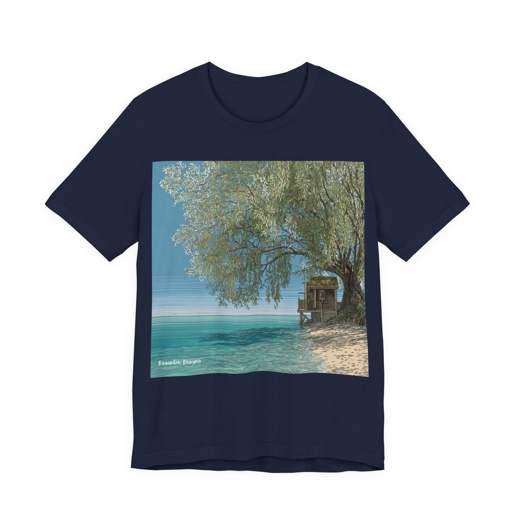 Tropical Beach Scene T-Shirt — Serene Seaside Cabin Graphic — Lightweight Fabric