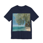 Tropical Beach Scene T-Shirt — Serene Seaside Cabin Graphic — Lightweight Fabric