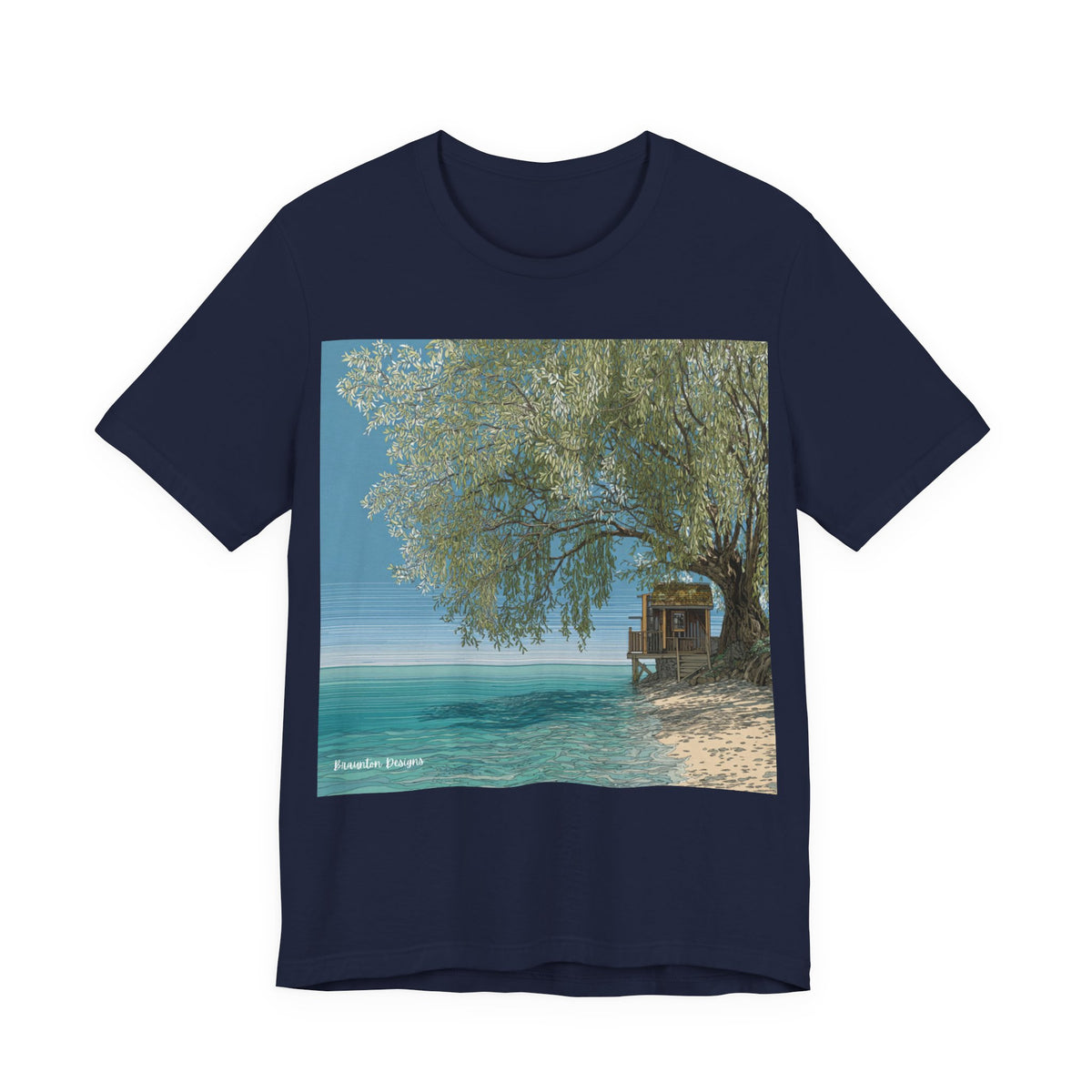Tropical Beach Scene T-Shirt — Serene Seaside Cabin Graphic — Lightweight Fabric