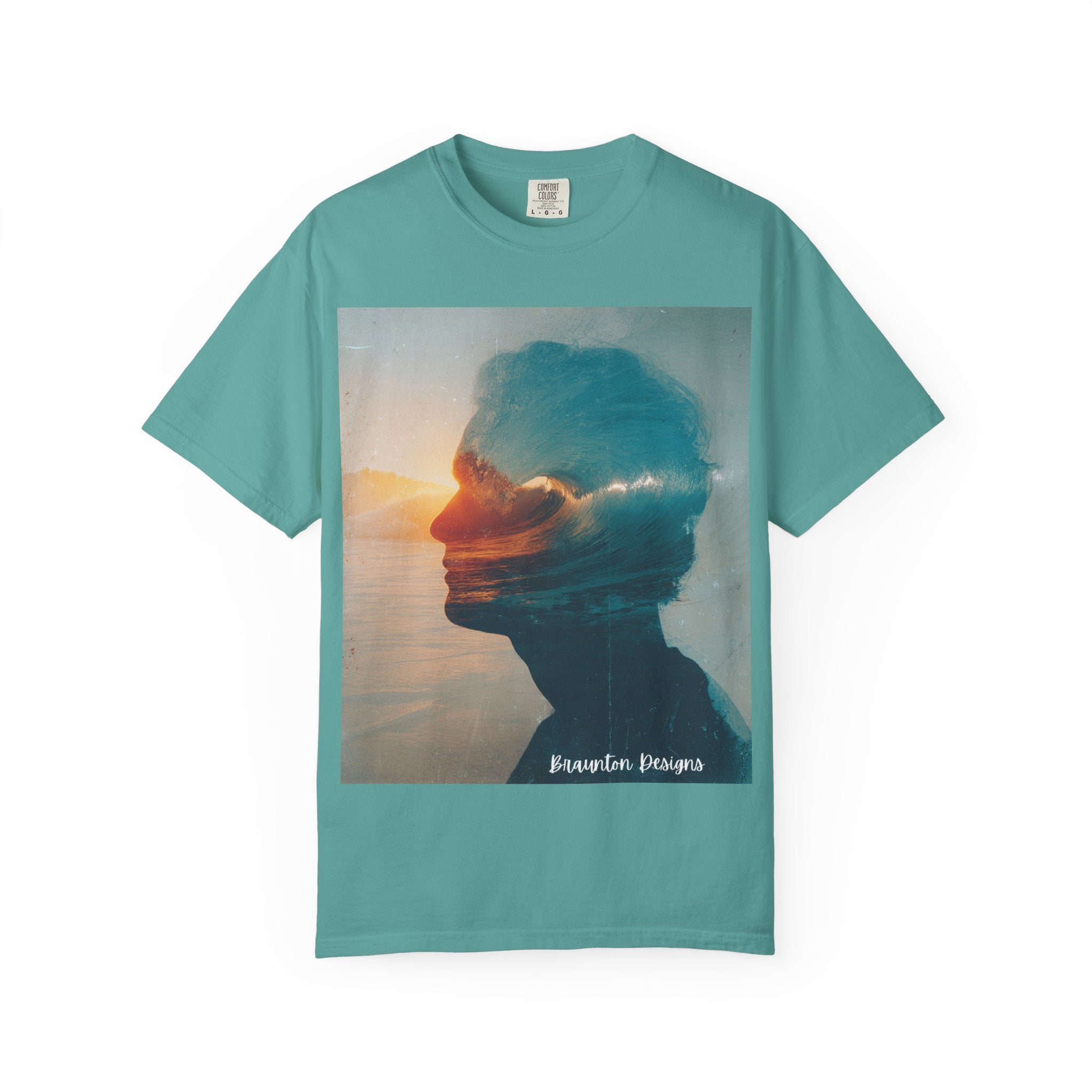 Surfer Double Exposure Tee — Ocean Sunset Silhouette T-Shirt