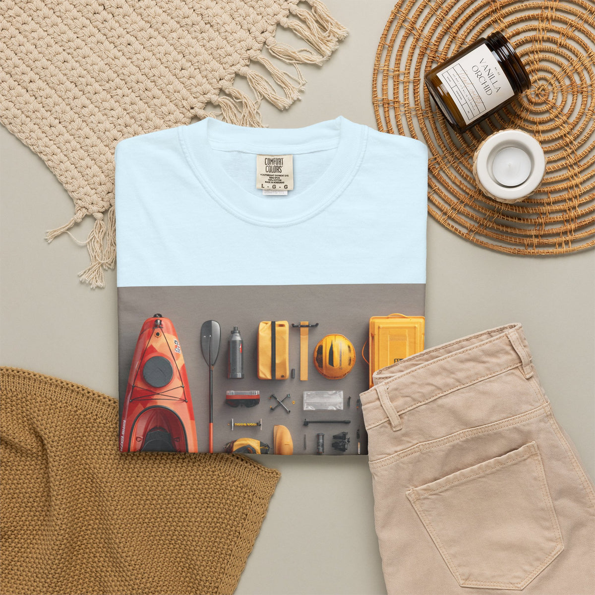Adventure Gear T-Shirt — Kayak & Bike Outfit Flatlay
