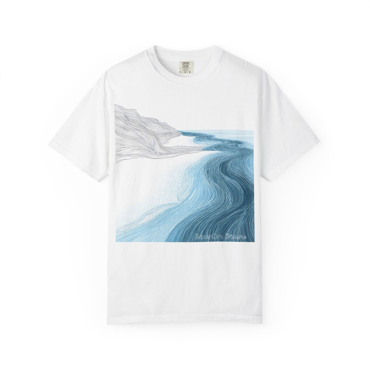Ocean Current Art T-Shirt — Calming Blue Coastal Wave Graphic Tee. Heavyweight Fabric