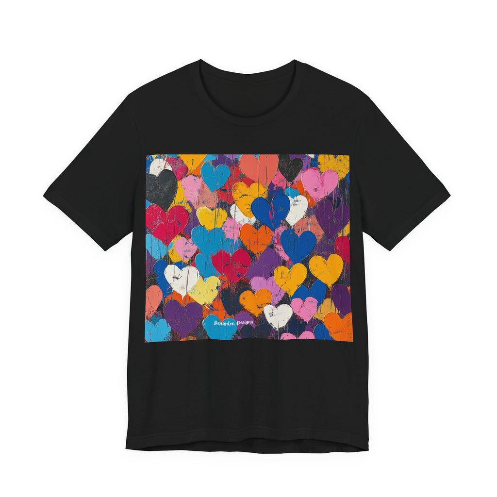 Women’s Heart Pattern Tee – Colorful Abstract Love Graphic T‑Shirt. Lightweight Fabric