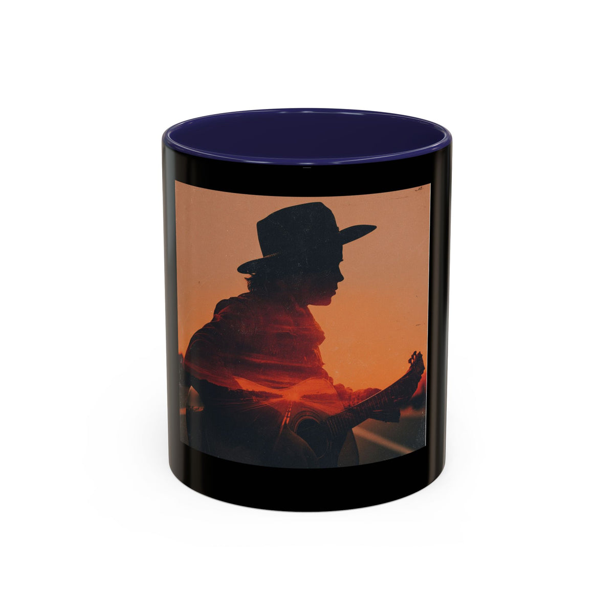 Sunset Guitarist Accent Coffee Mug — Silhouette Music Lover Gift