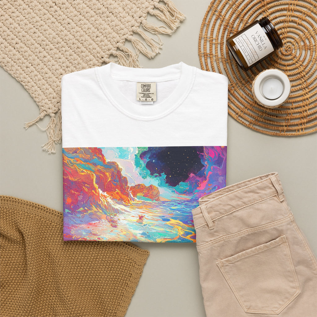 Surreal Beachscape T-Shirt — Colorful Dreamy Sunset Graphic Tee. heavyweight fabric