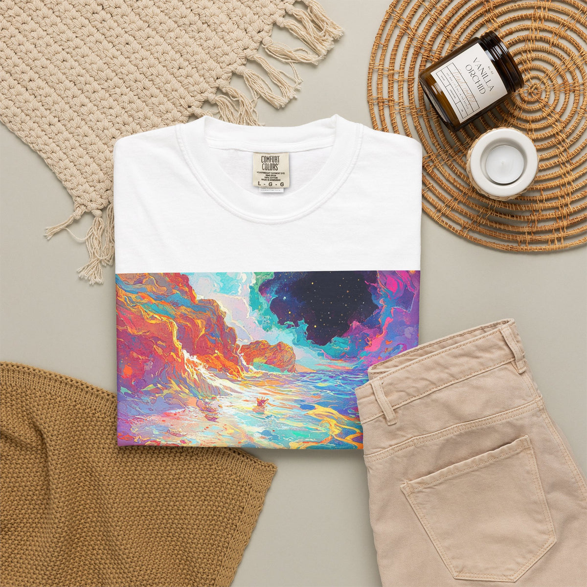 Surreal Beachscape T-Shirt — Colorful Dreamy Sunset Graphic Tee. heavyweight fabric