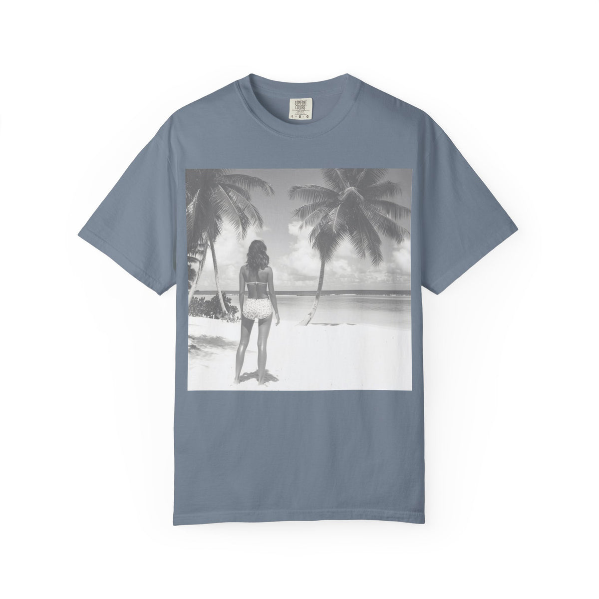 Vintage Beach Photo T‑Shirt — Coastal Retro Palm Print. Heavyweight Fabric