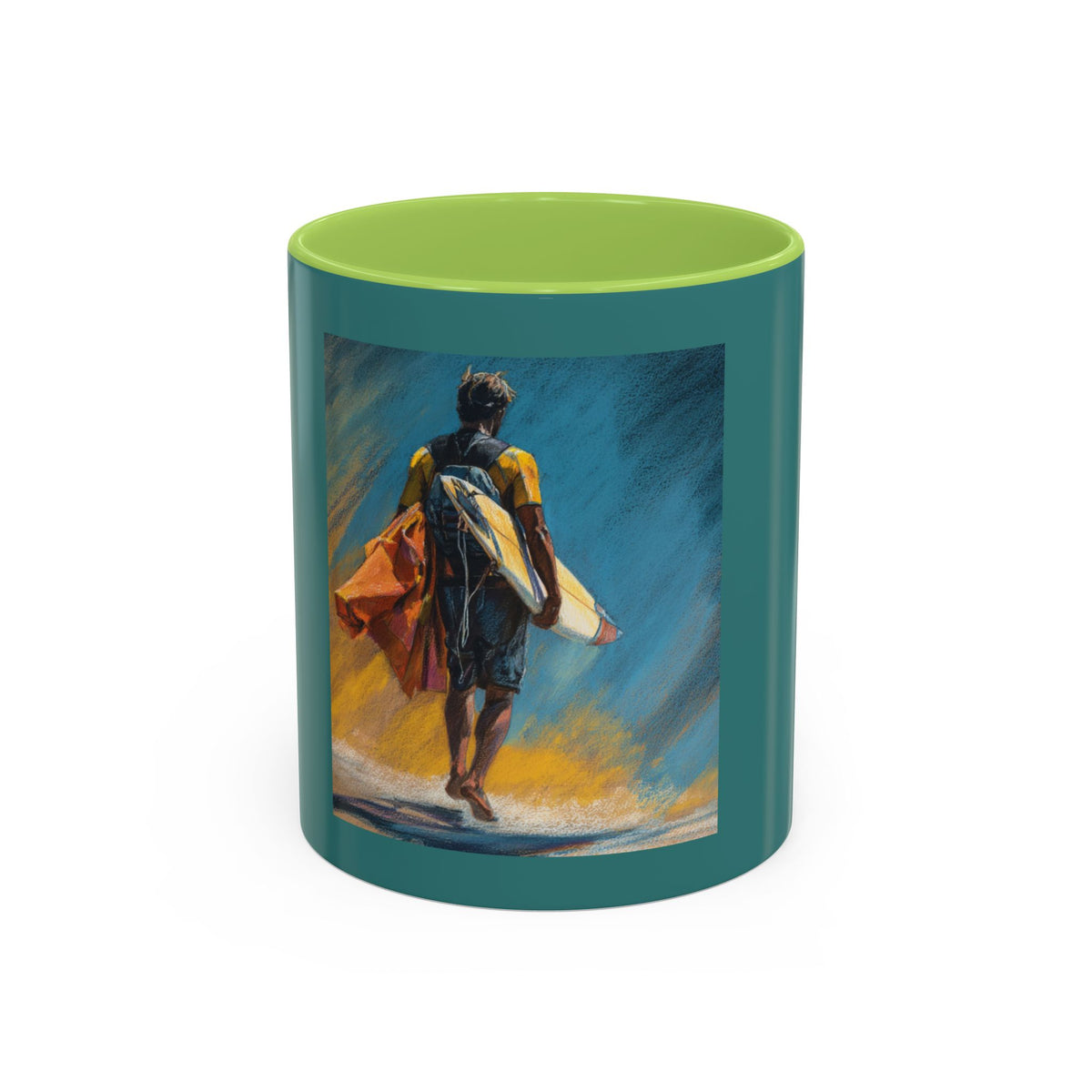 Surfing Art Coffee Mug — Teal Accent Ceramic Mug with Surfer Painting (11/15 oz)