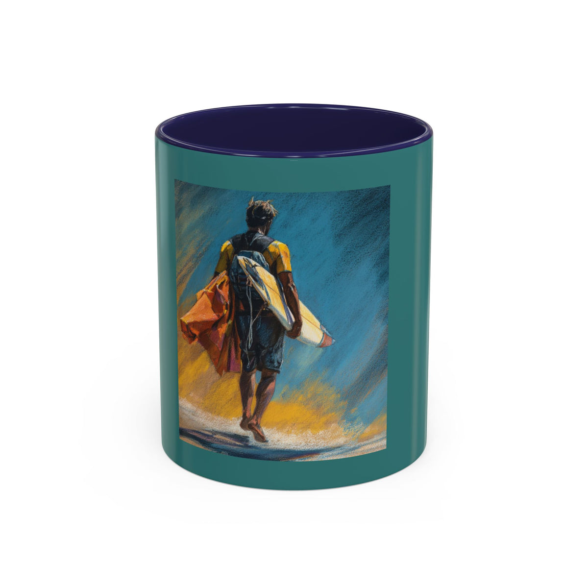 Surfing Art Coffee Mug — Teal Accent Ceramic Mug with Surfer Painting (11/15 oz)