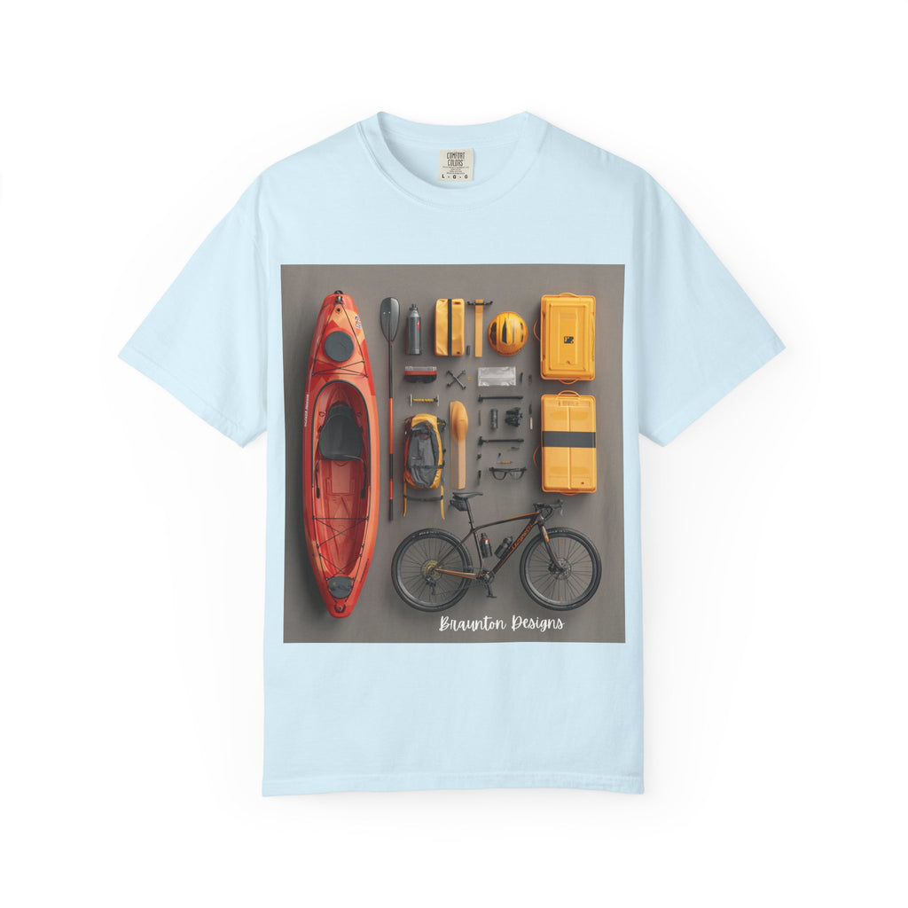 Adventure Gear T-Shirt — Kayak & Bike Outfit Flatlay