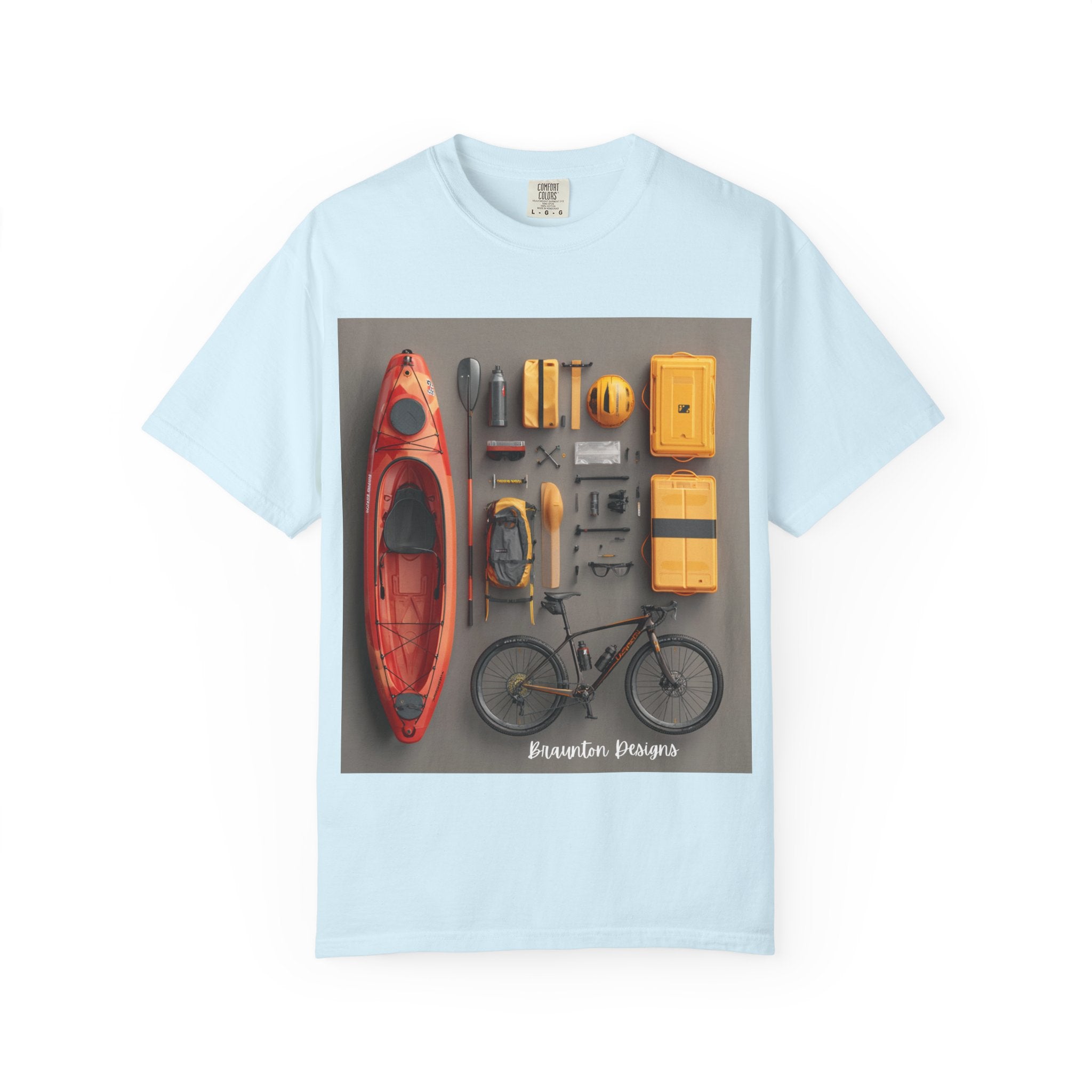 Adventure Gear T-Shirt — Kayak & Bike Outfit Flatlay