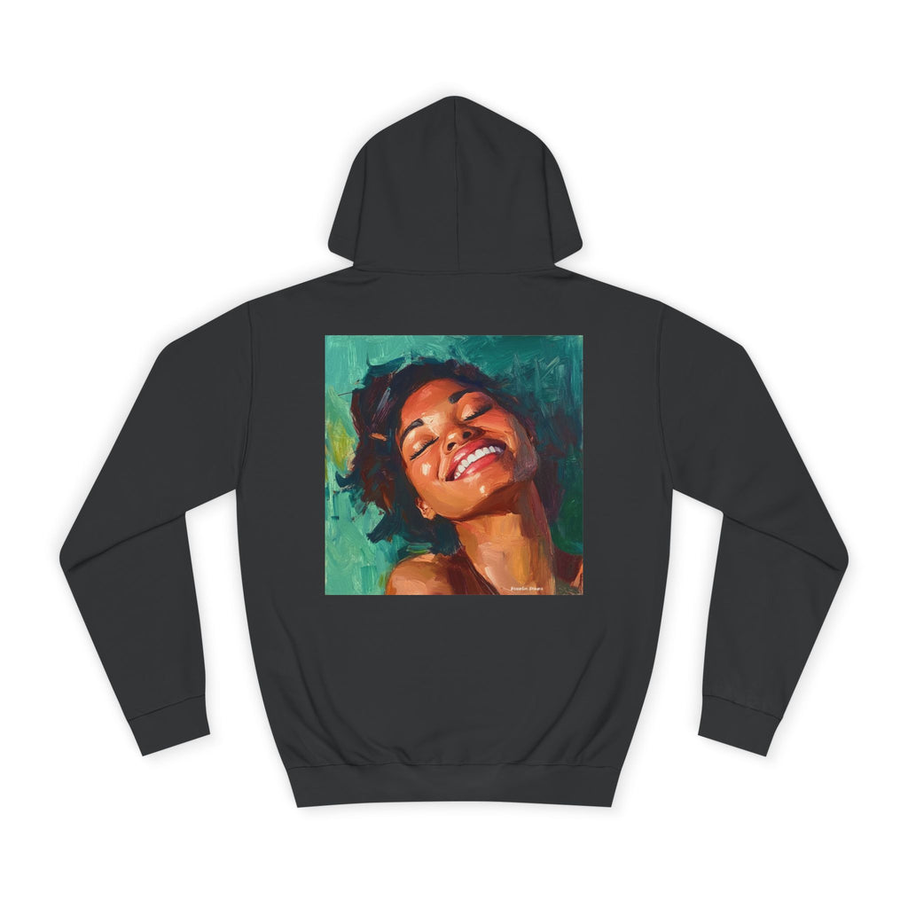 Smiling Portrait Hoodie — Vibrant Painted Woman Graphic Pullover