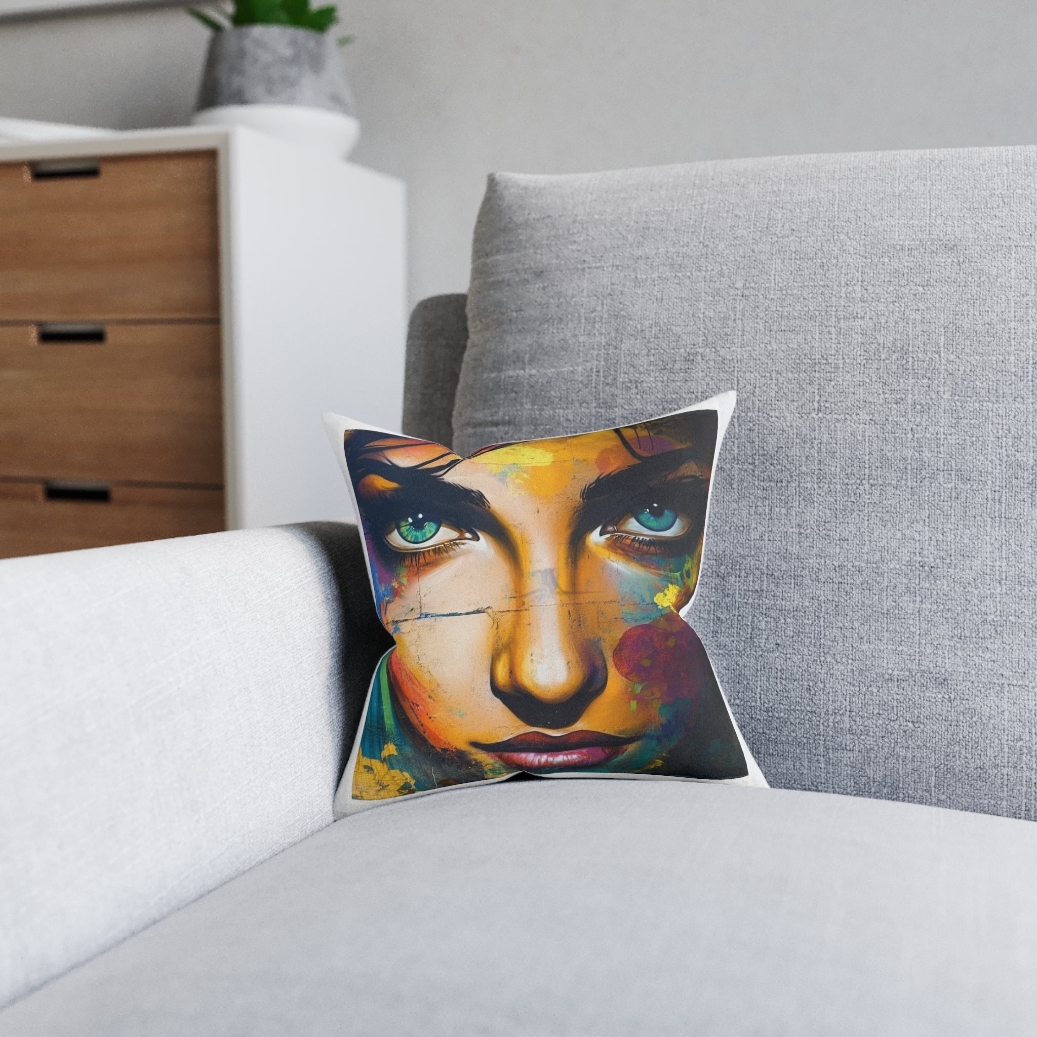 Colorful Portrait Throw Pillow — Abstract Woman Art on Pink Back