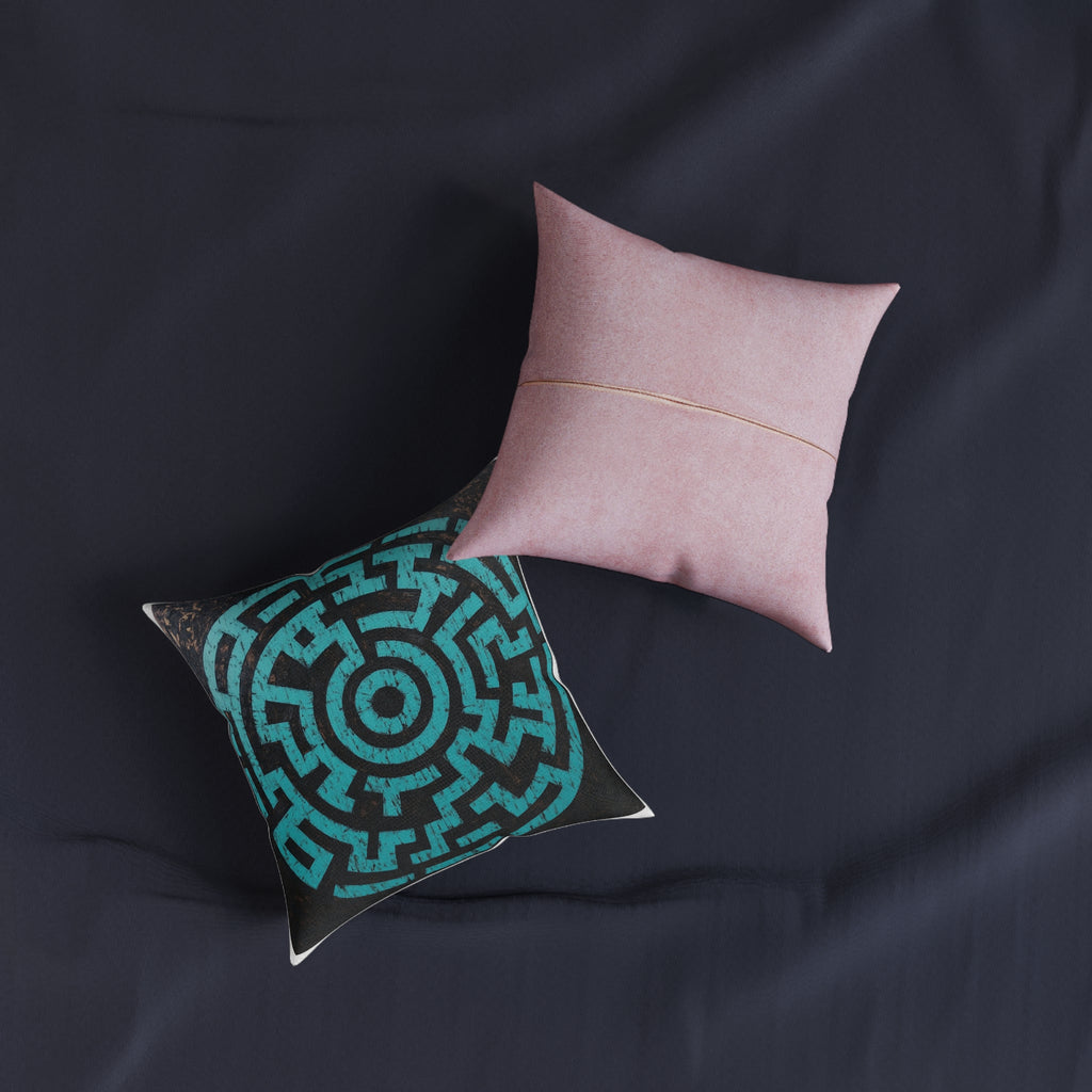 Turquoise Geometric Maze Throw Pillow — Modern Boho Square Cushion