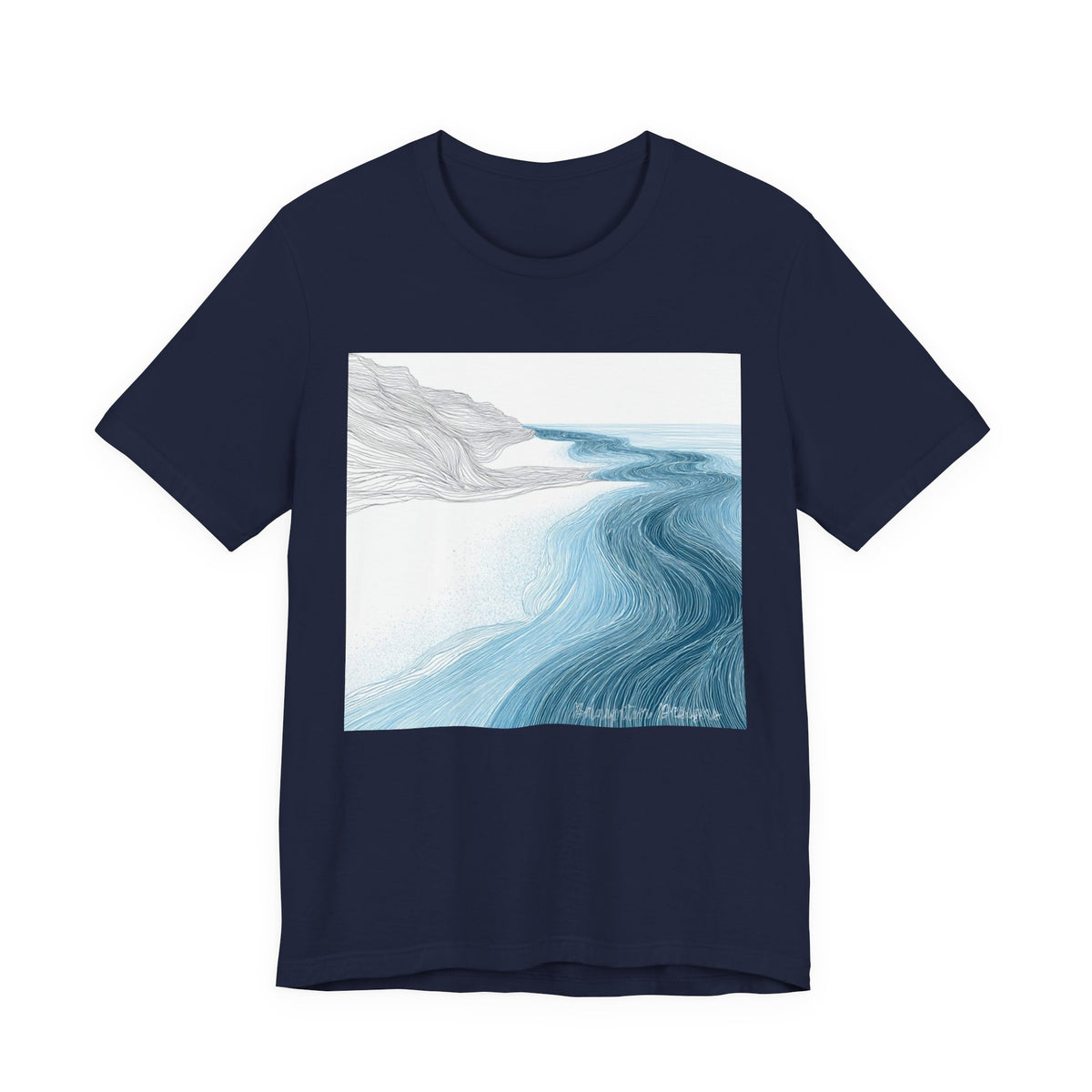 Ocean Flow Art T-Shirt — Blue Wave Landscape Graphic Tee. Lightweight Fabric