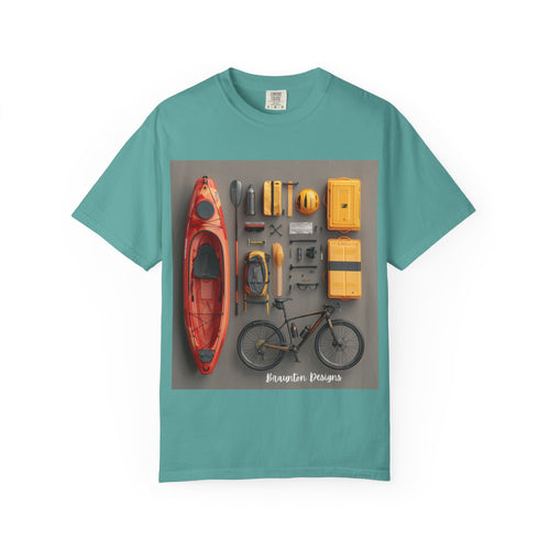 Adventure Gear T-Shirt — Kayak & Bike Outfit Flatlay