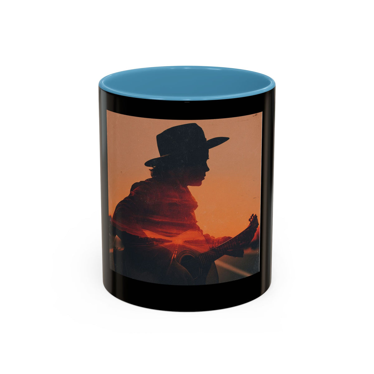 Sunset Guitarist Accent Coffee Mug — Silhouette Music Lover Gift