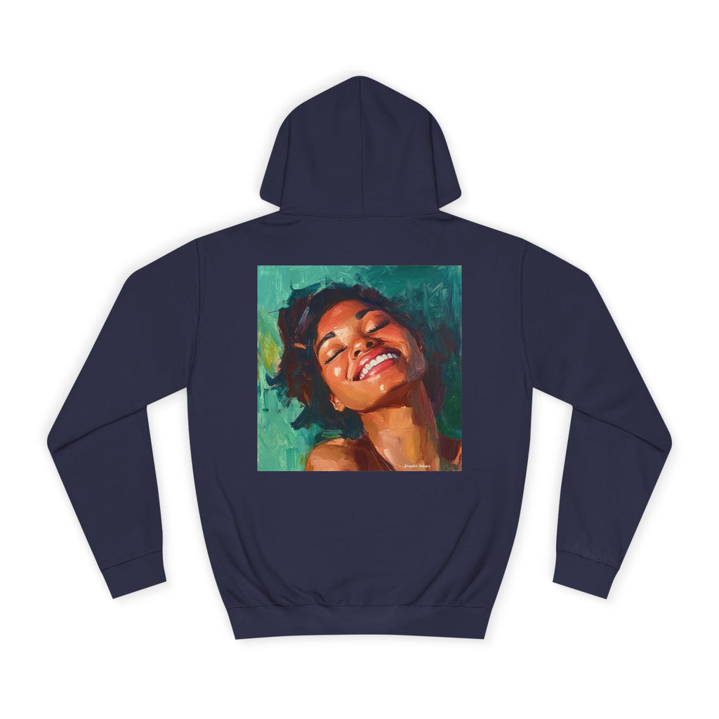 Smiling Portrait Hoodie — Vibrant Painted Woman Graphic Pullover