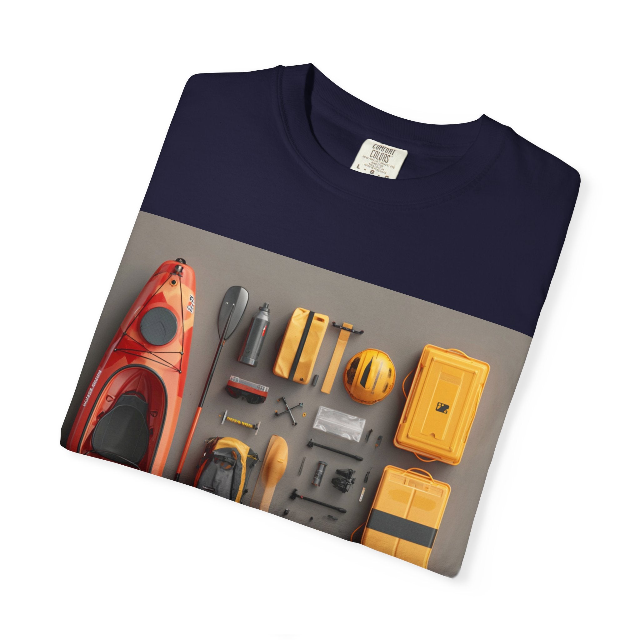Adventure Gear T-Shirt — Kayak & Bike Outfit Flatlay