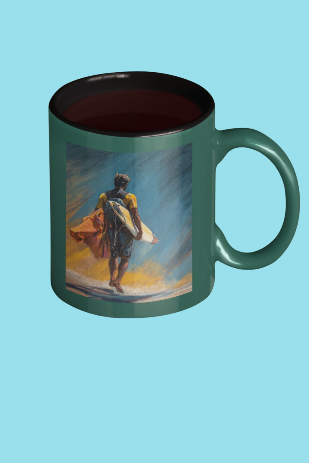 Surfing Art Coffee Mug — Teal Accent Ceramic Mug with Surfer Painting (11/15 oz)