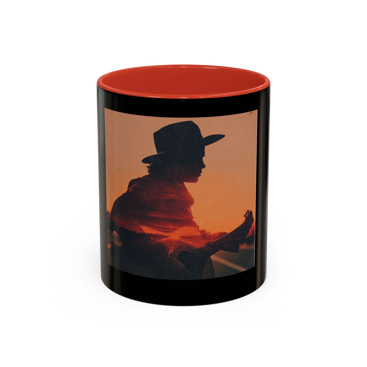 Sunset Guitarist Accent Coffee Mug — Silhouette Music Lover Gift