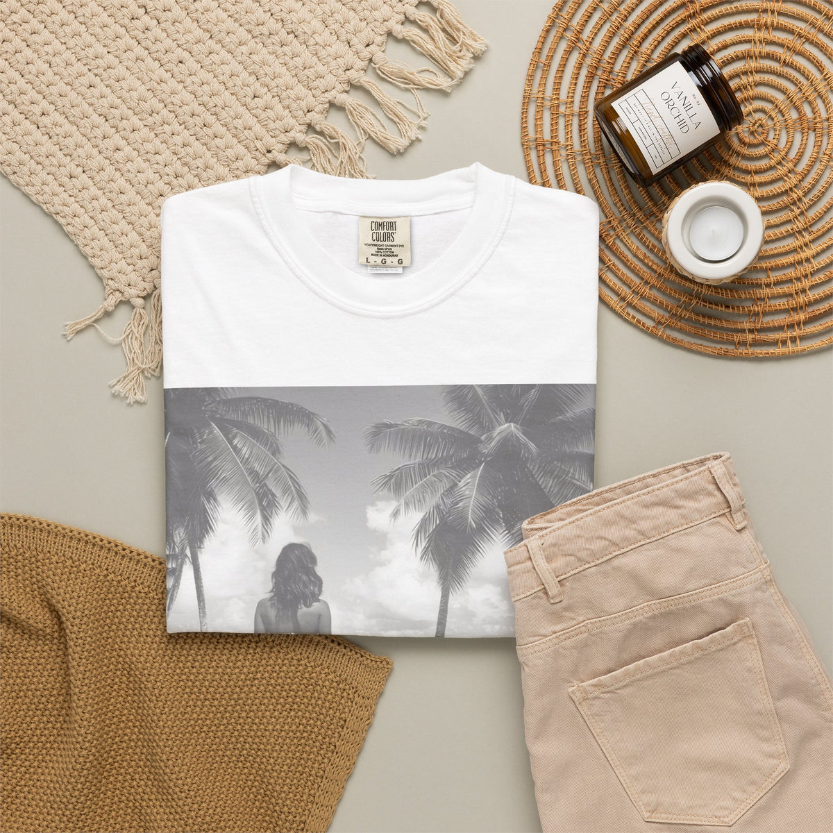 Women's Beach Photo Tee — Tropical Palm Shore Graphic T-Shirt. Heavyweight Fabric