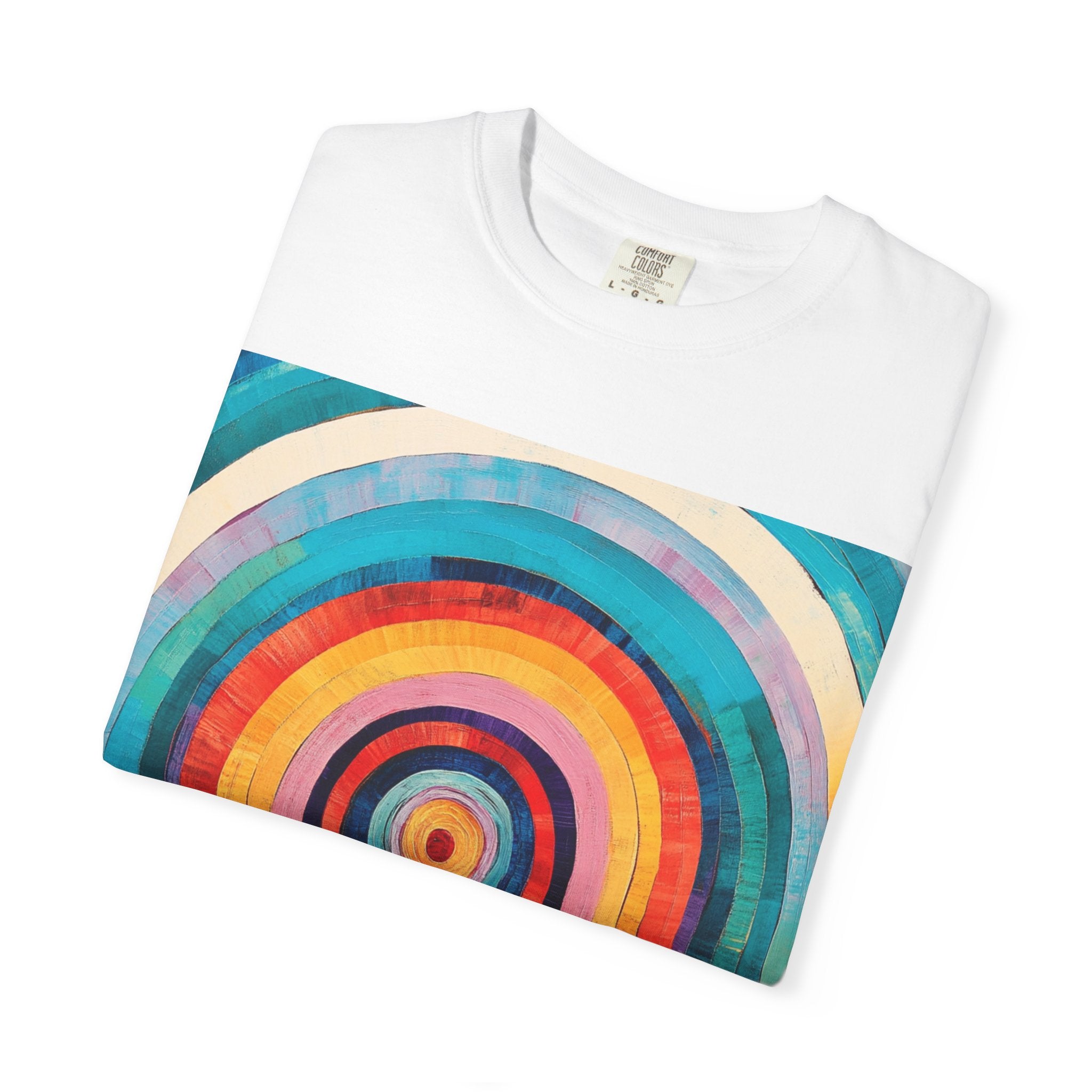 Colorful Concentric Circles T-Shirt — Vibrant Retro Rainbow Target Graphic