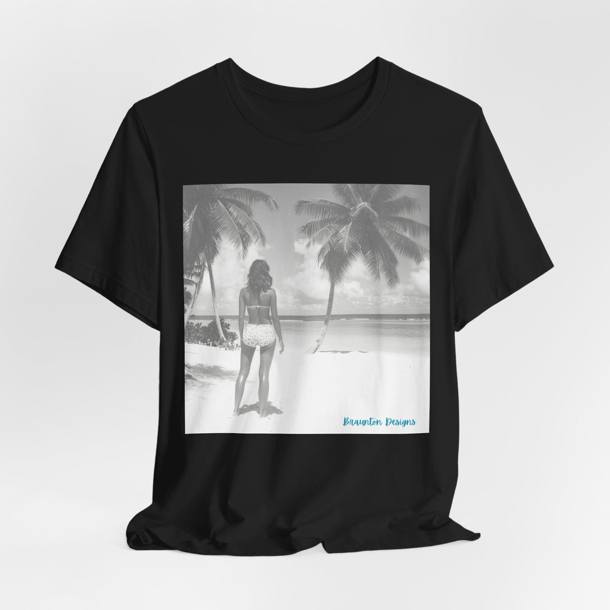 Vintage Beach Scene T-Shirt — Retro Palm Trees & Swimsuit Photo Tee