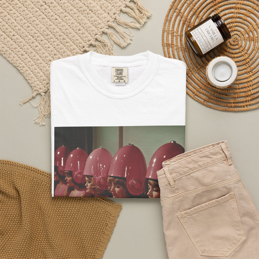 Retro Salon Photo T-Shirt — Vintage Pink Hair Dryer Print. Heavy weight fabric