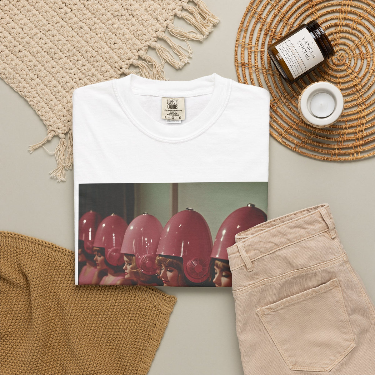 Retro Salon Photo T-Shirt — Vintage Pink Hair Dryer Print. Heavy weight fabric